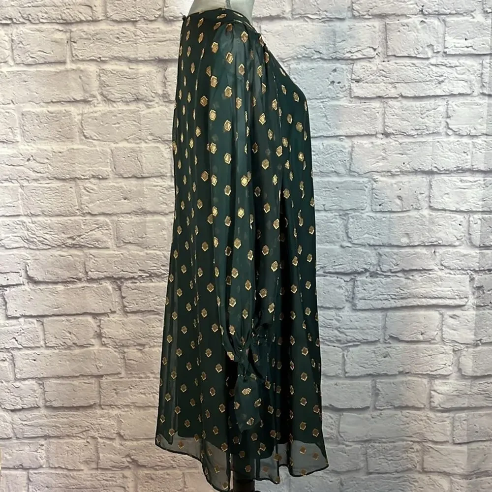 Calvin Klein Green Shift Dress with Bishop Sleeves and gold threaded design